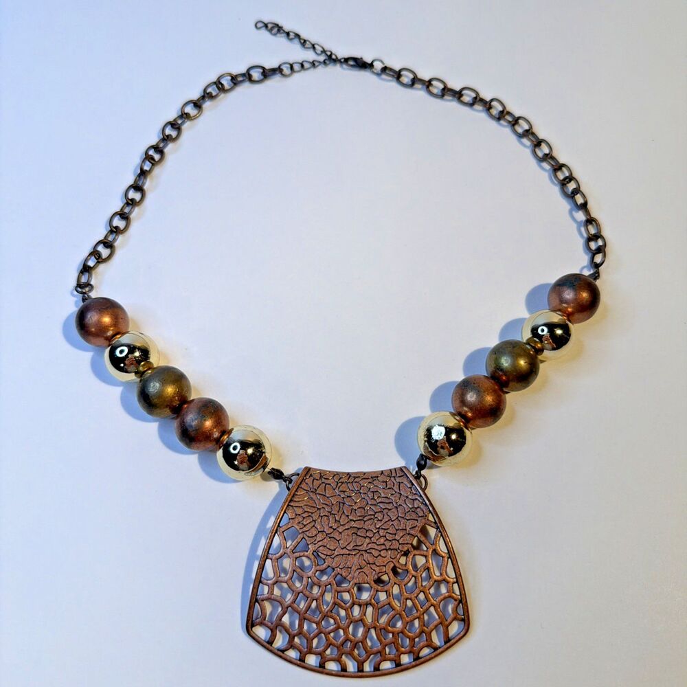 Copper Filigree Fan Statement Necklace and Earring Set Boho Metallic Beads